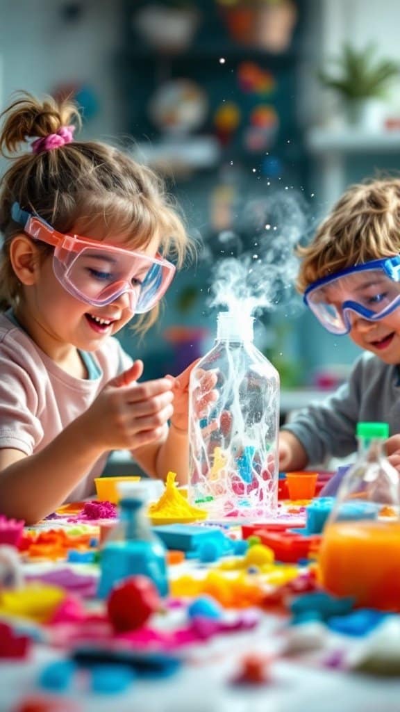 Two children engaged in a colorful science experiment, with one observing a reaction in a bottle.