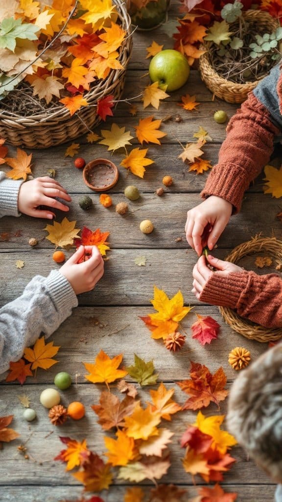 Children crafting with colorful autumn leaves and natural materials on a wooden table.