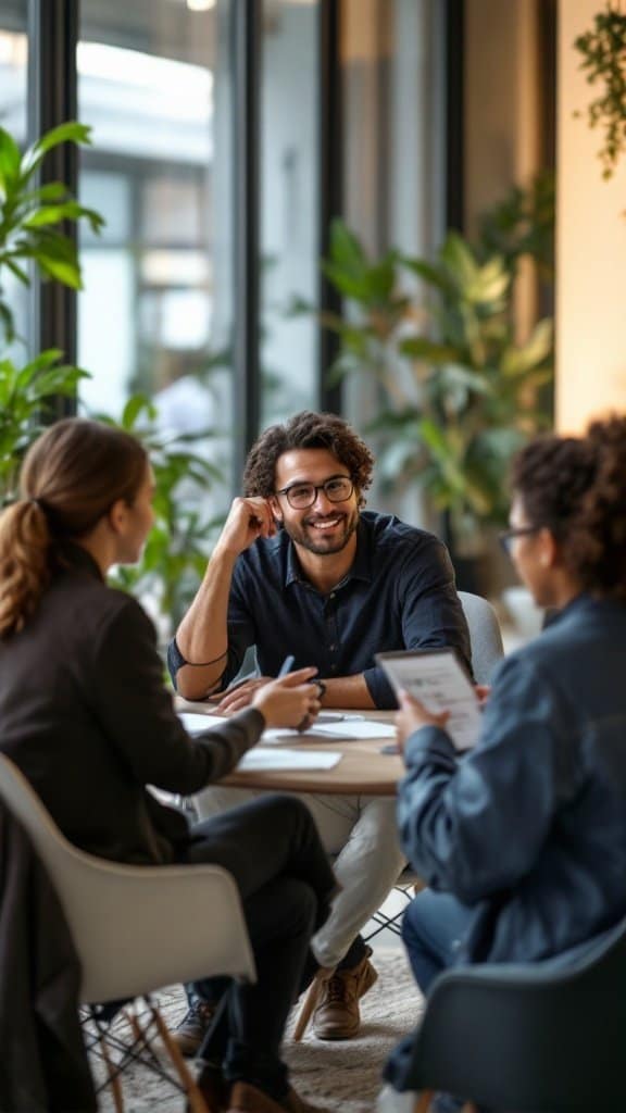 A group of three people sitting at a table, engaged in discussion about resolving conflicts. The setting is bright and plant-filled, creating a positive atmosphere.