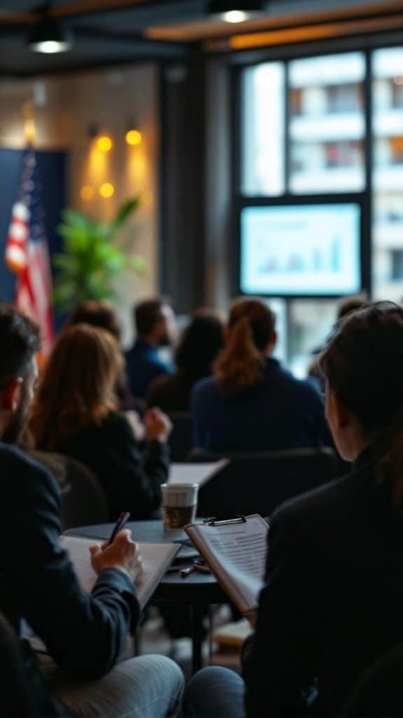 A group of people attending a professional development session with a presentation in the background.