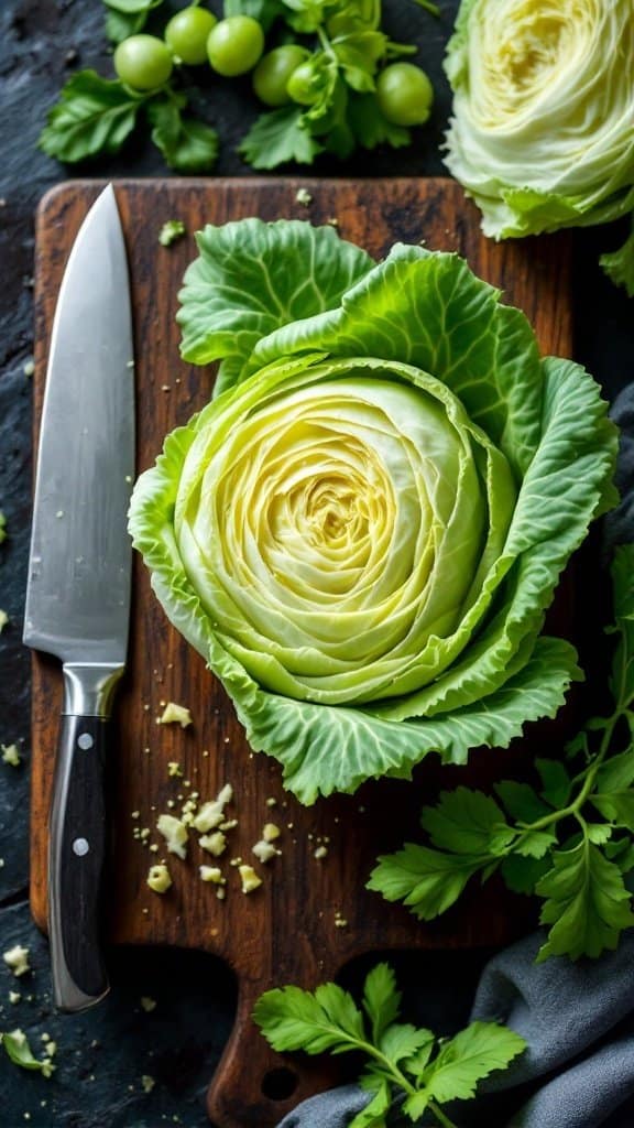 A fresh green cabbage on a wooden cutting board next to a knife and some green herbs.