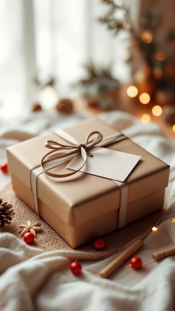 A beautifully wrapped gift box with a ribbon and a tag, surrounded by festive decorations.