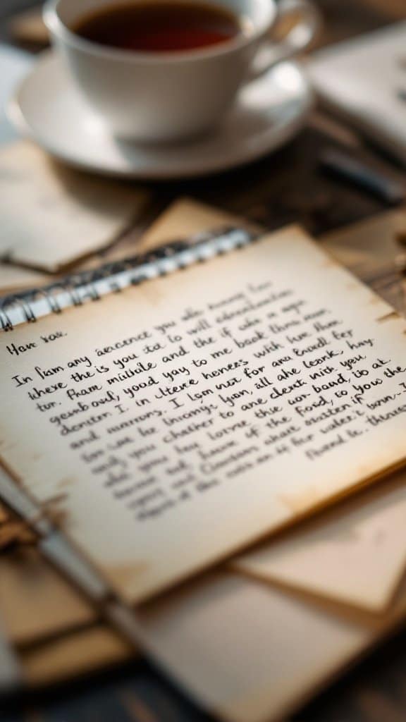 A handwritten letter on a table with a cup of tea, symbolizing the warmth of sending letters to loved ones.