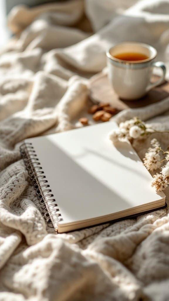 A cozy scene featuring a blank notebook, a cup of tea, and flowers on a soft blanket.