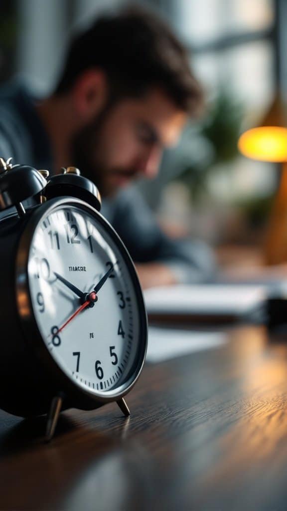 A close-up of a classic alarm clock on a desk, with a blurred figure of a person working intently in the background.