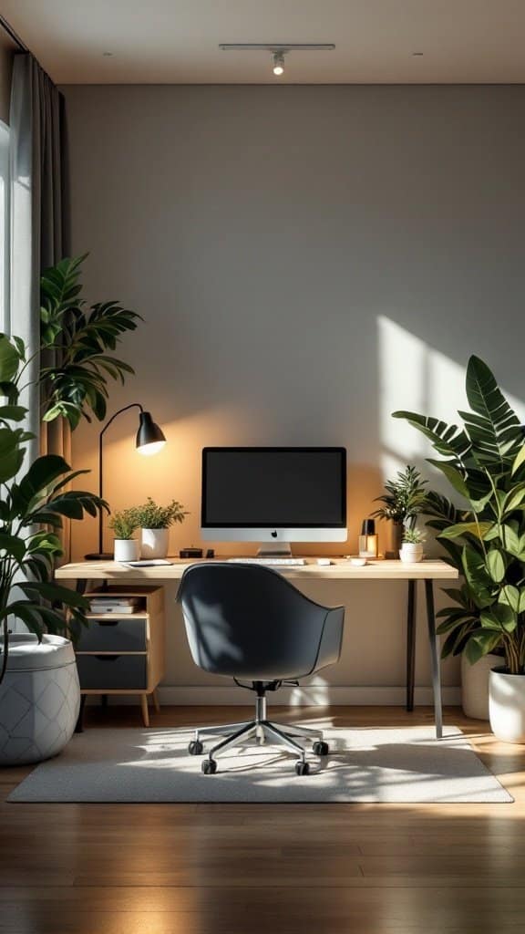 A modern home office setup with a desk, computer, and plants, creating a peaceful work environment.