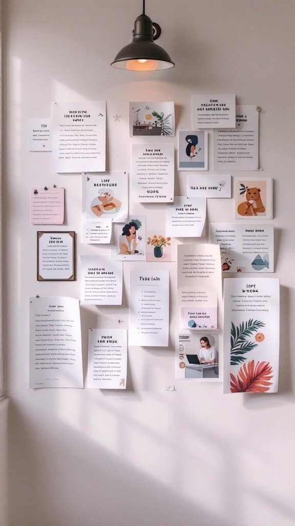 A cozy wall filled with notes and images representing personal goals and inspiration.