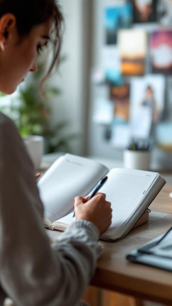 A woman writing in a notebook with a focused expression, indicating goal setting and planning.