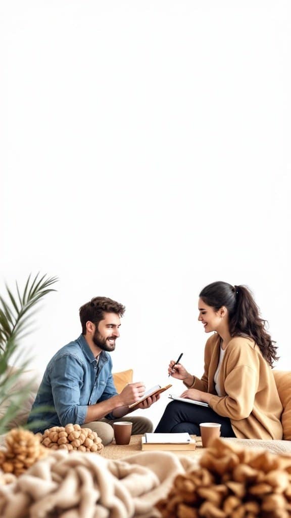 A couple sitting together on a couch discussing relationship goals with notebooks and coffee cups.