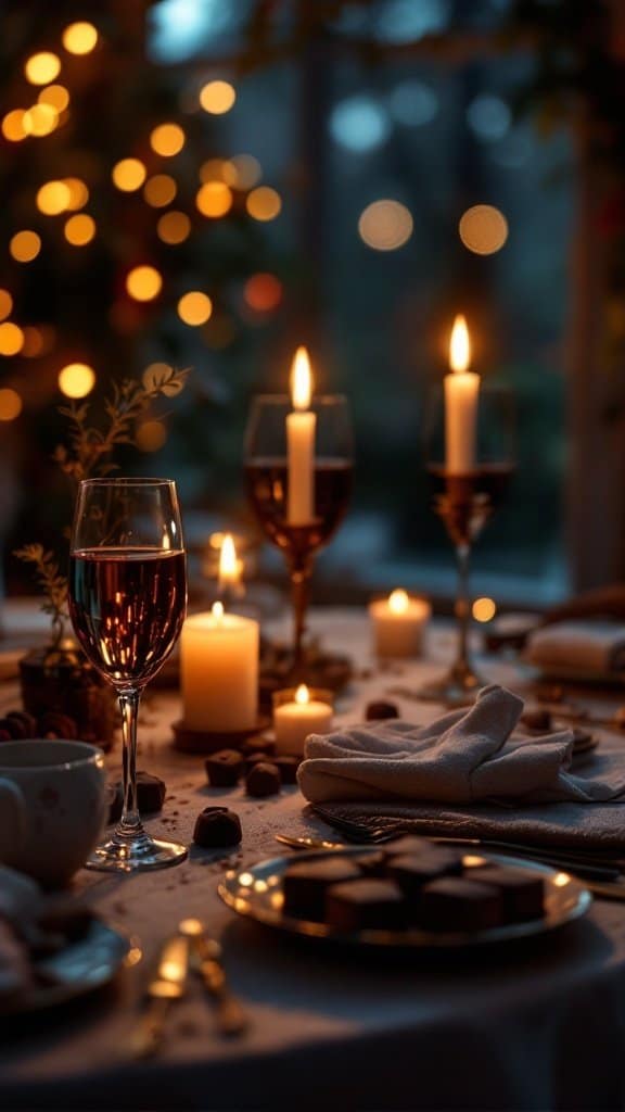 A cozy dining setting with candles, chocolates, and glasses, creating a warm atmosphere for Valentine's Day.
