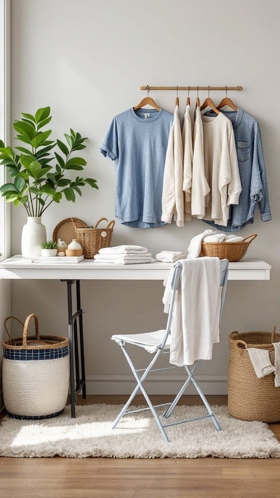A tidy folding station with a table, chair, hanging clothes, and storage baskets.