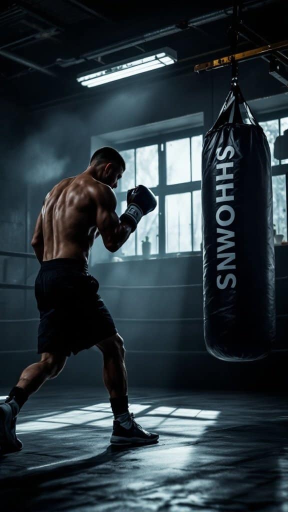A fit individual shadow boxing in a training space with a boxing bag.