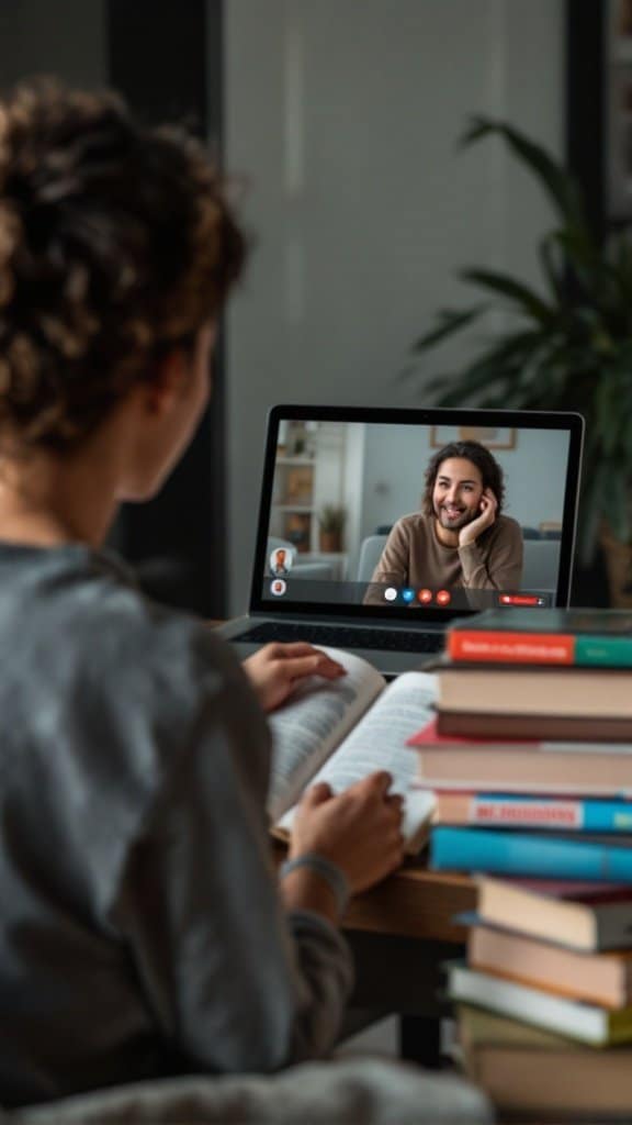 A person reading a book while video chatting with someone, surrounded by stacks of books.