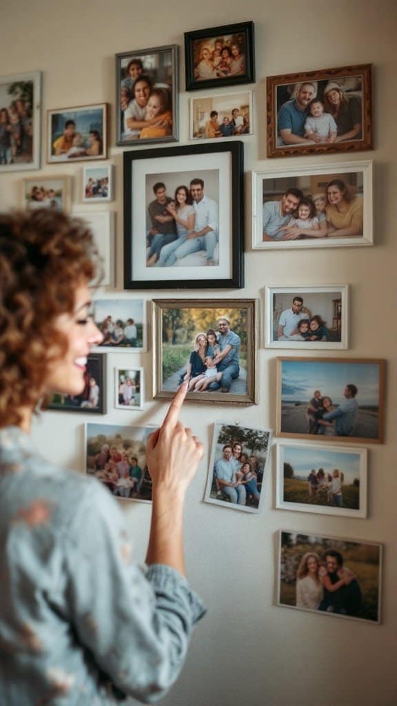 A woman admiring a wall filled with family photos