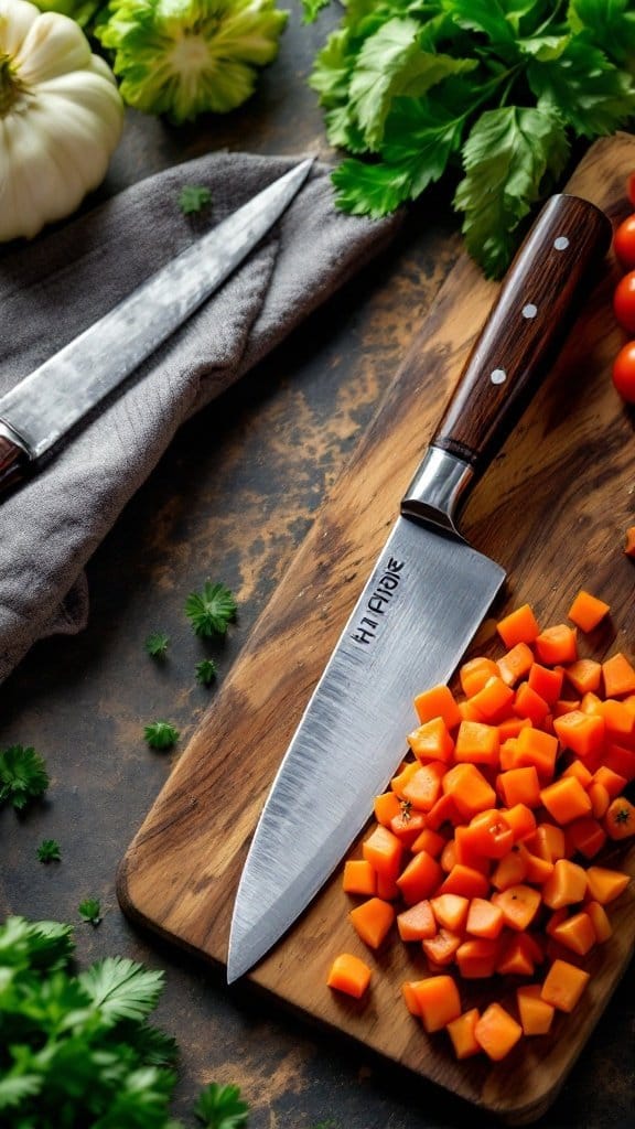 A sharp chef's knife on a wooden cutting board with chopped carrots and green herbs.