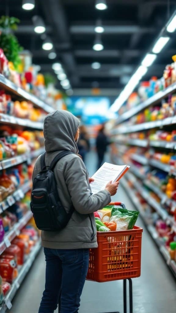 A person standing in a grocery aisle, holding a shopping list while looking at products on shelves.