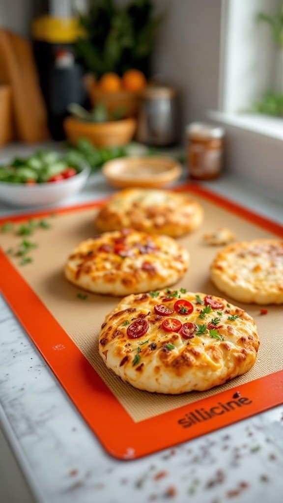 Freshly baked flatbreads on a colorful silicone baking mat in a kitchen setting