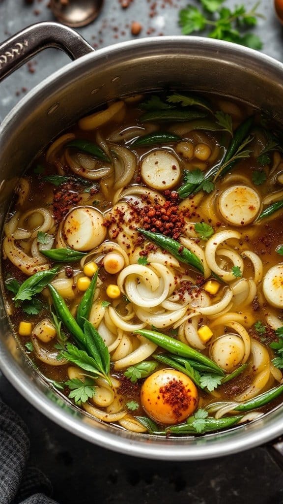 A pot of simmering cabbage soup with mixed vegetables and spices.