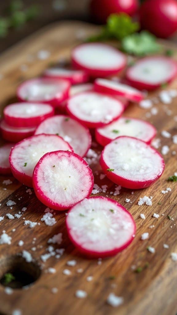 Freshly sliced radishes on a wooden board sprinkled with sea salt.