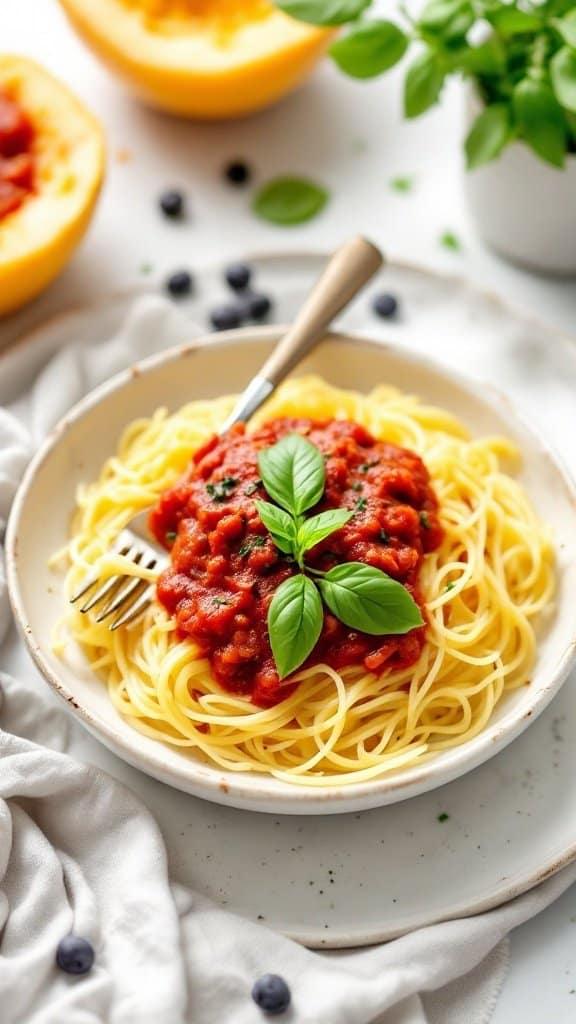 Plate of spaghetti squash topped with marinara sauce and fresh basil.