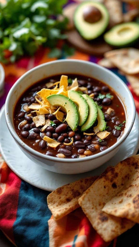 Bowl of spicy black bean soup topped with avocado slices and tortilla strips, placed on a colorful tablecloth with fresh avocados in the background.