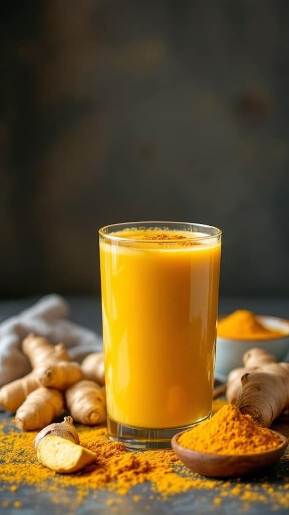 A tall glass of bright yellow smoothie surrounded by fresh ginger and turmeric roots, with spices sprinkled around.