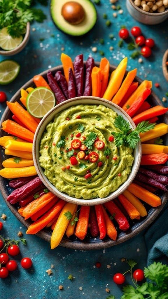 A bowl of spicy guacamole surrounded by colorful veggie sticks including carrots and bell peppers.