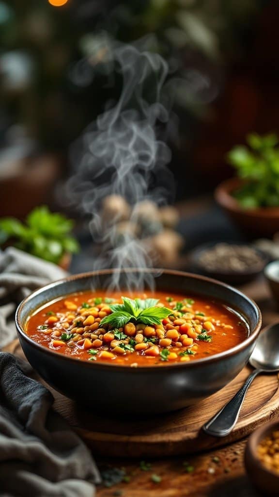A bowl of spicy lentil soup with steam rising, garnished with herbs.
