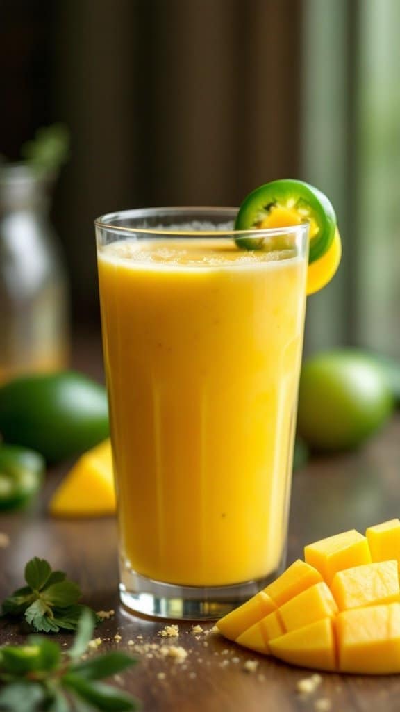 A refreshing Spicy Mango Jalapeño Smoothie with a garnish of jalapeño and mango pieces on a wooden table.