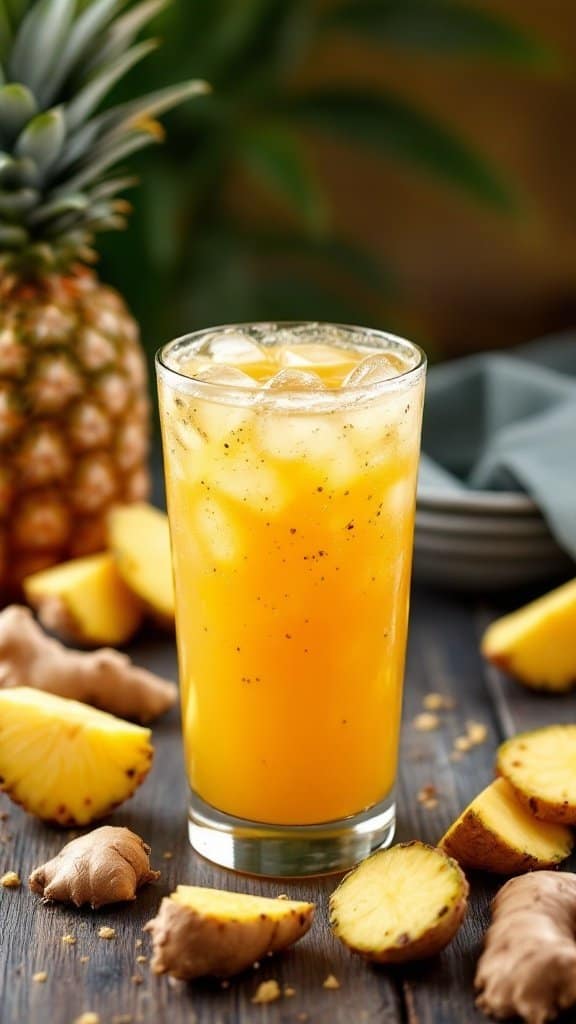 A refreshing glass of spicy pineapple and ginger juice surrounded by fresh ingredients.