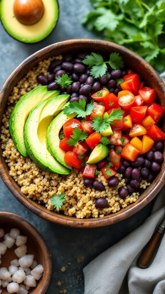 A colorful bowl featuring quinoa, black beans, avocado, diced tomatoes, and cilantro.