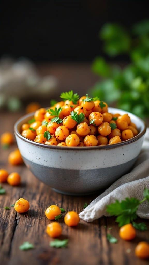 Bowl of spicy roasted chickpeas garnished with parsley on a wooden table.