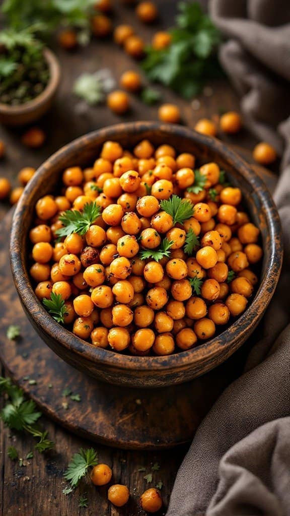 A bowl of spicy roasted chickpeas garnished with parsley, surrounded by scattered chickpeas on a wooden surface.