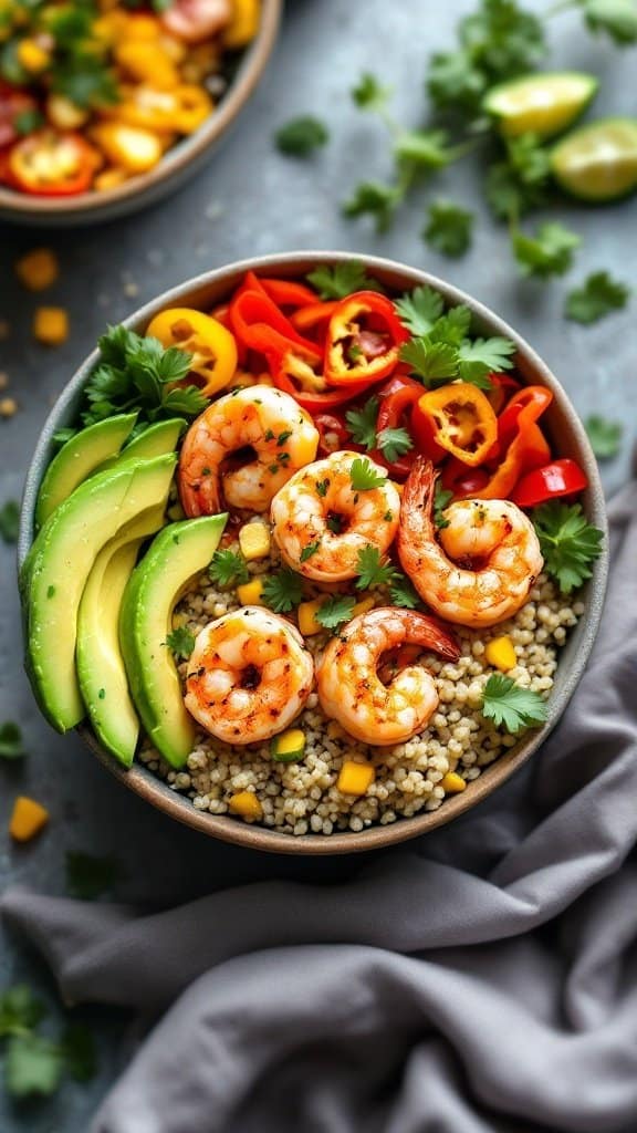 A colorful bowl of spicy shrimp with quinoa, avocado, and fresh vegetables.