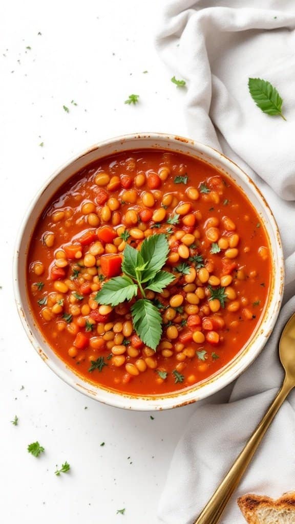 Bowl of spicy tomato and lentil soup garnished with fresh herbs