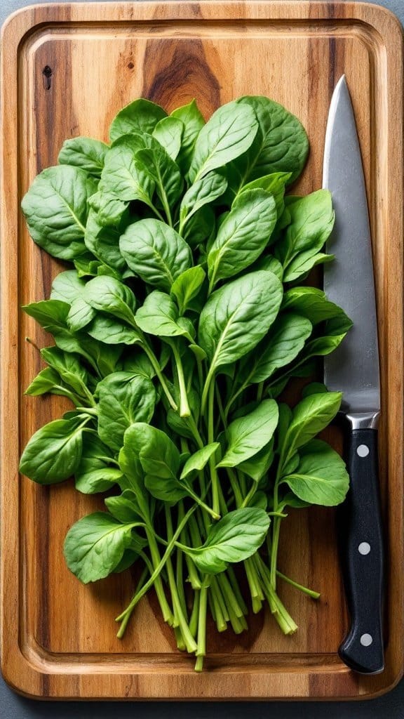 Fresh spinach leaves on a wooden cutting board with a knife.