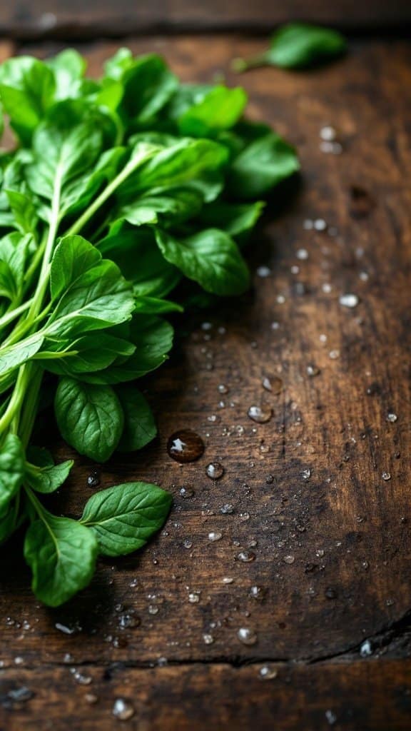 Fresh spinach leaves on a wooden surface with water droplets.