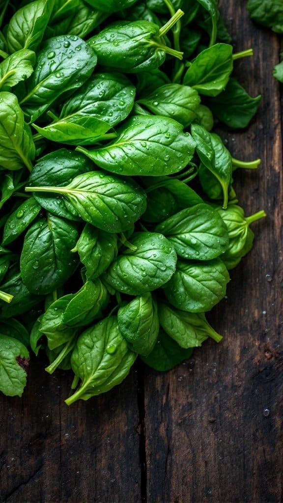Fresh spinach leaves on a wooden surface