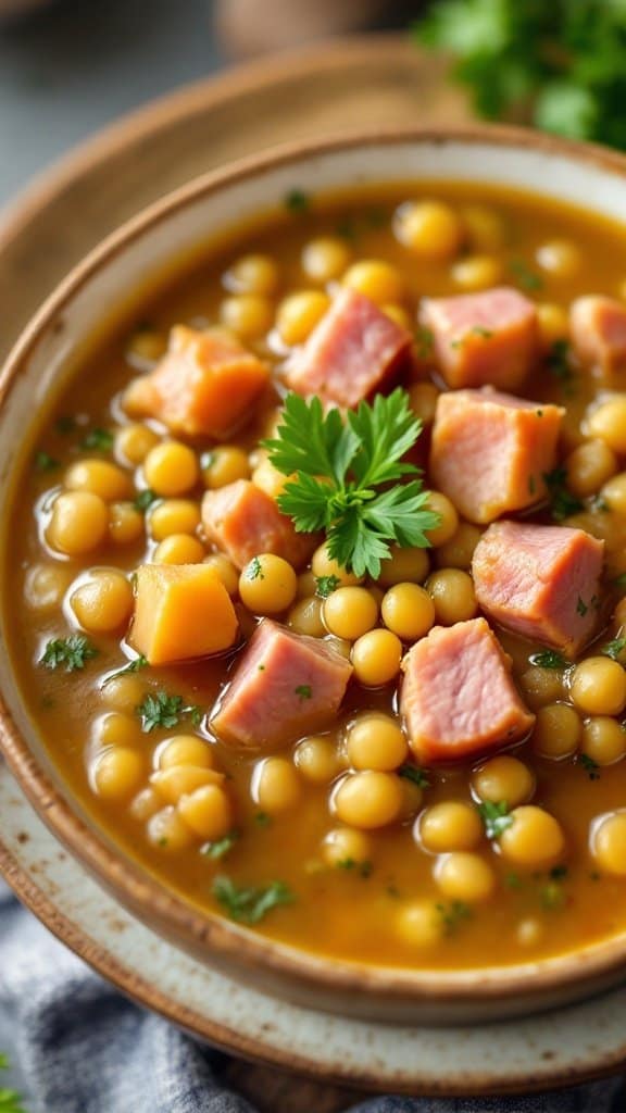 A bowl of split pea soup with ham, featuring yellow split peas, diced ham, and garnished with parsley.