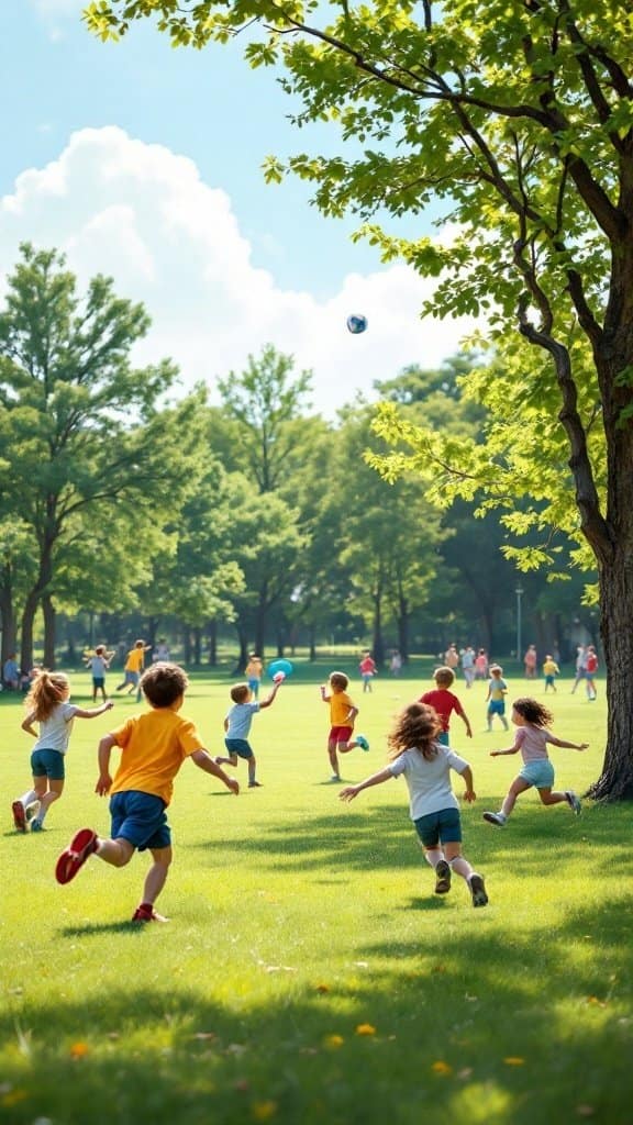 Children playing in a park on a sunny day