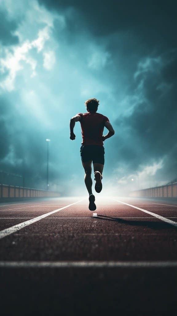 A runner sprinting on a track under dramatic cloudy skies