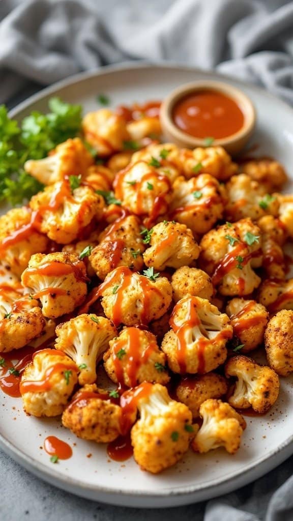 A plate of spicy sriracha roasted cauliflower bites drizzled with sauce and garnished with parsley.