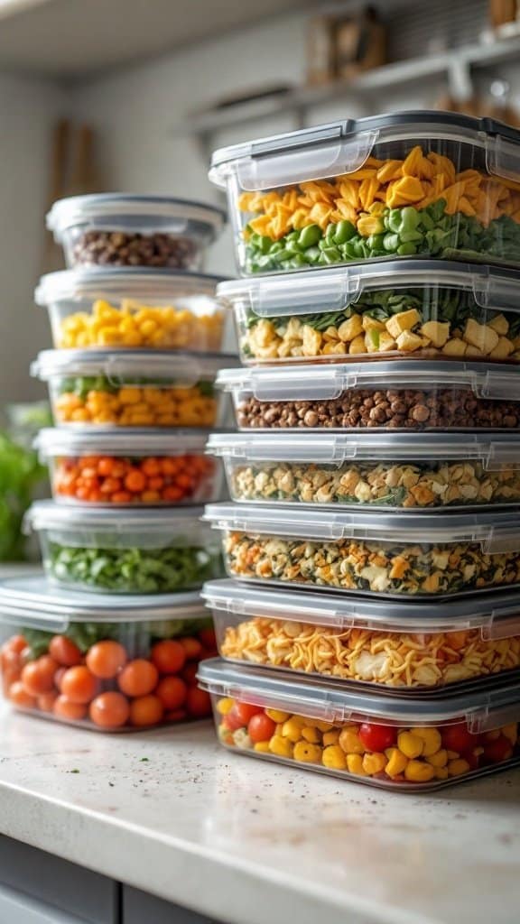 A stack of colorful food storage containers filled with fresh vegetables and pasta, organized neatly on a kitchen counter.