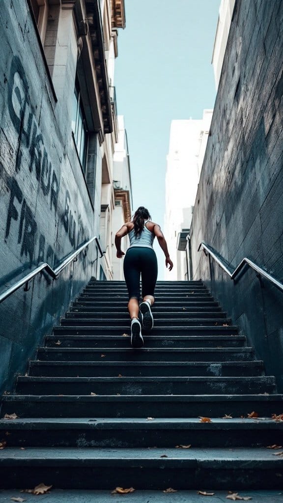 A person climbing outdoor stairs, demonstrating a cardio workout.