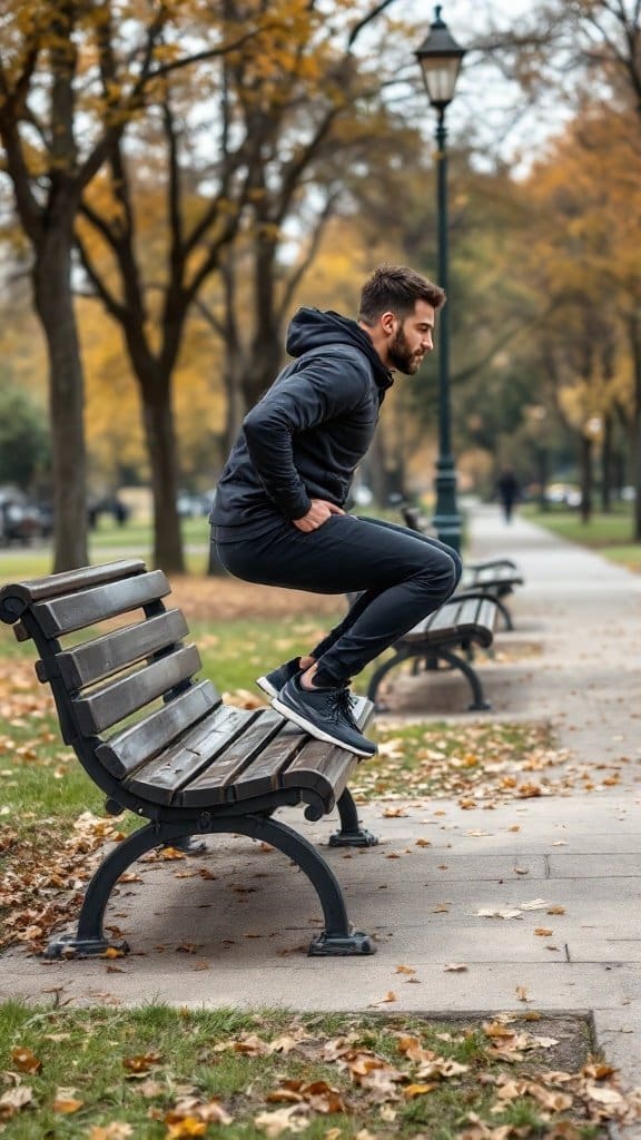 A man performing step-ups on a park bench in autumn