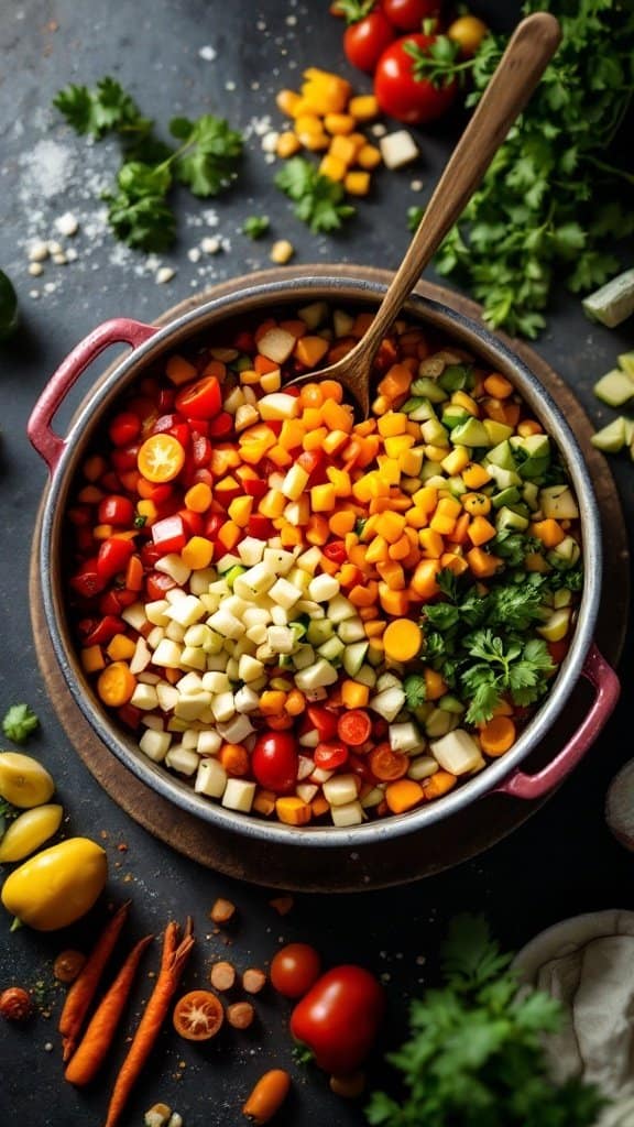 A pot filled with a colorful array of chopped vegetables, including carrots, tomatoes, and bell peppers, ready to be added to cabbage soup.
