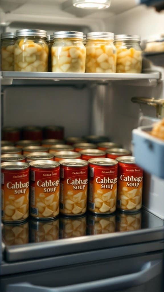Jars and cans of cabbage soup neatly organized in a refrigerator