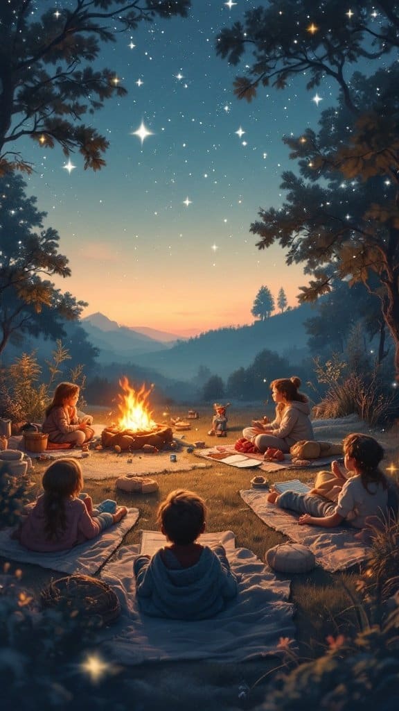 A group of children gathered around a campfire, sharing stories under a starry night sky.