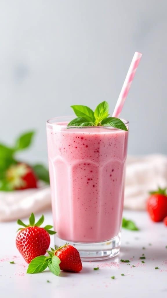 A glass of strawberry basil smoothie with fresh strawberries and basil leaves