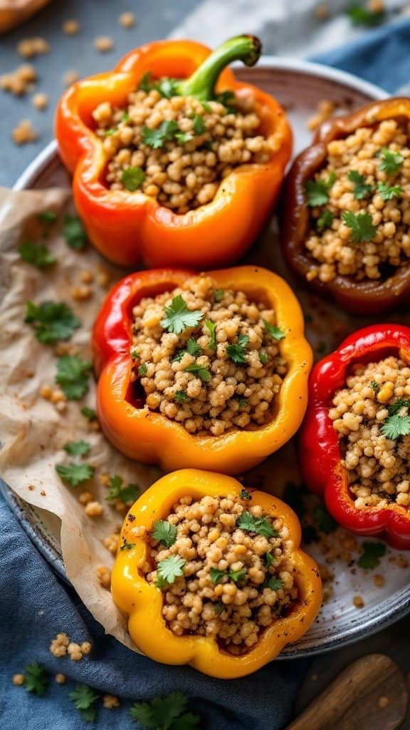 A plate of colorful stuffed bell peppers filled with ground turkey and grains, topped with fresh cilantro.